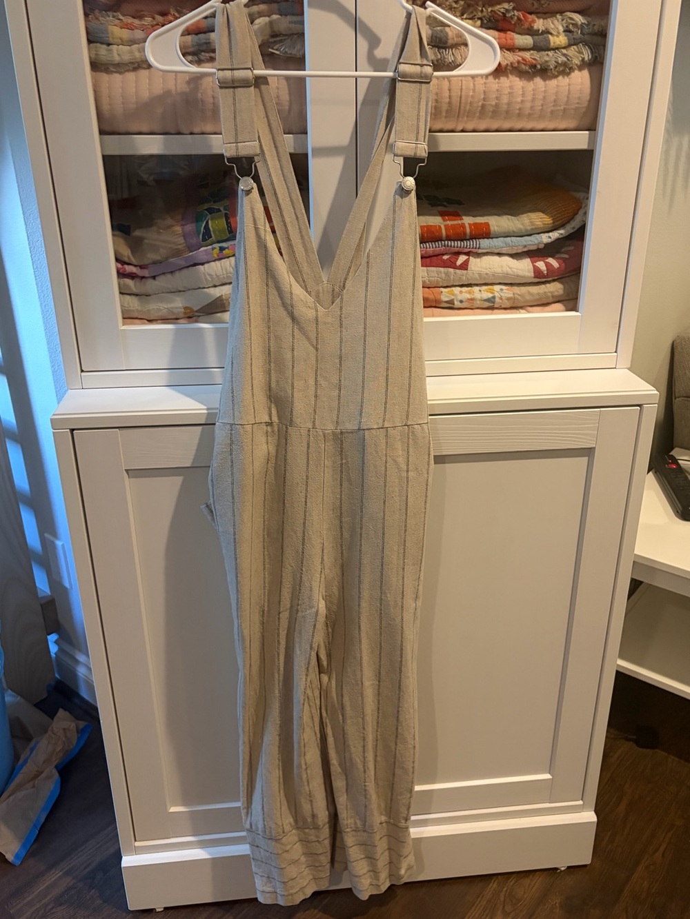 Moon River Beige Striped V-Neck Wide-Leg Overalls
